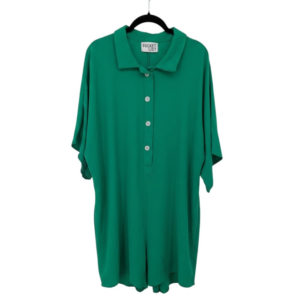 Bucket List Romper Women Large Green Oversized Short Sleeve Collared Boho Shorts